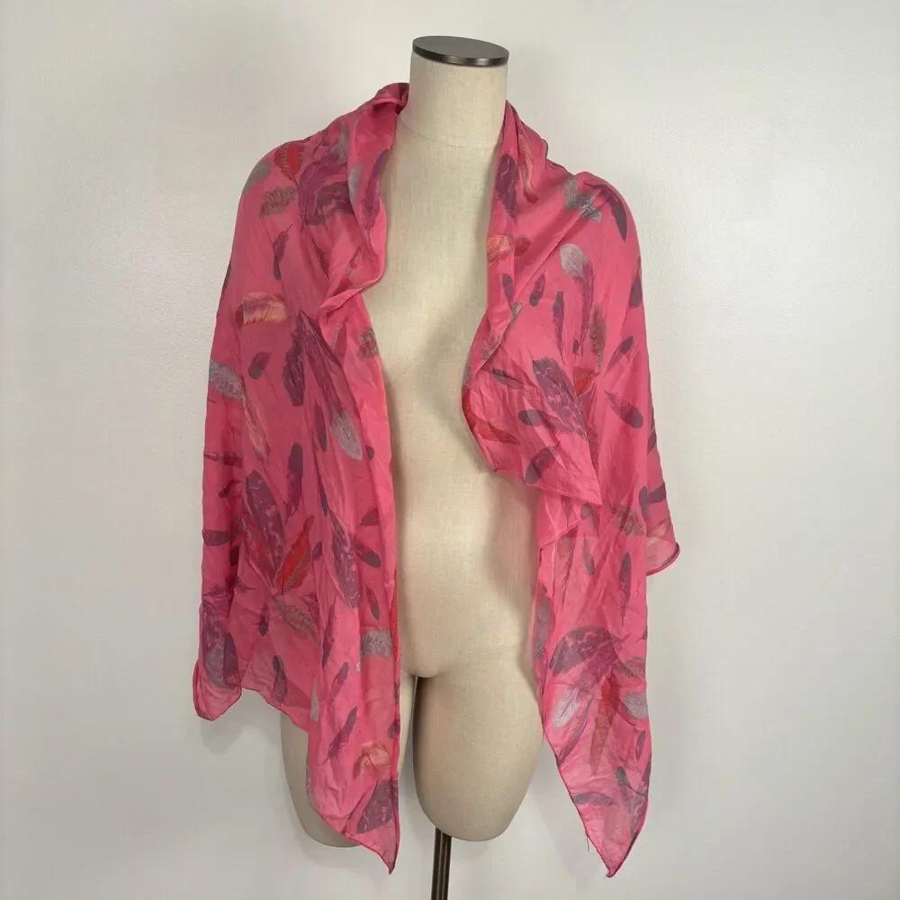 Moda Accessori Italy Pink Feather Print Scarf Cotton Silk Blend Lightweight